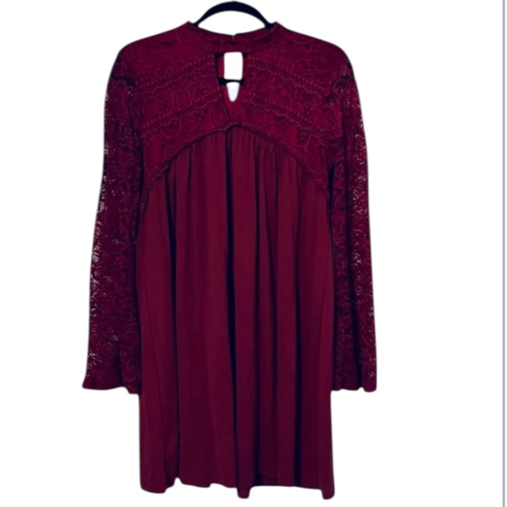 Janet Chung Lace Long Sleeve High Cutout Neck Babydoll Maroon Burgundy Dress S